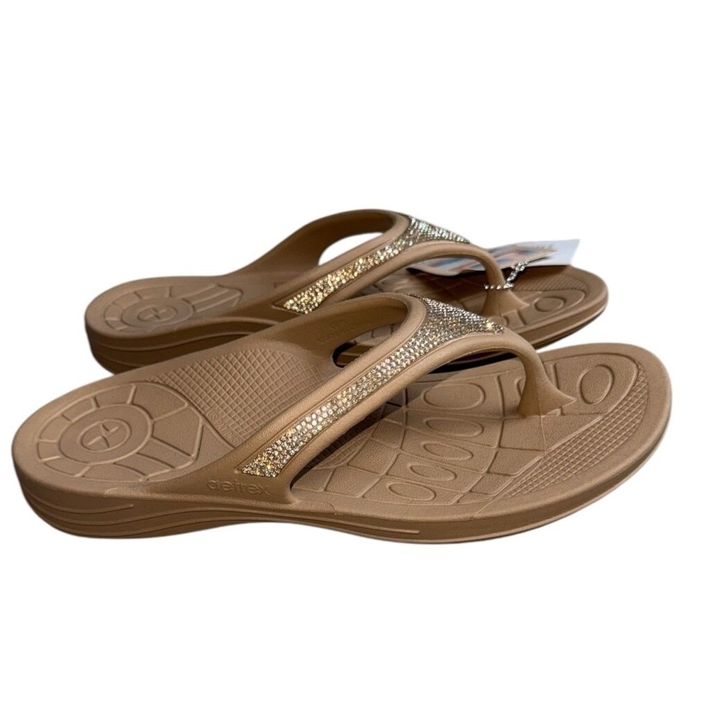 Aetrex Orthotic Flip Flops Size 11 42 Tan Rhinestone‎